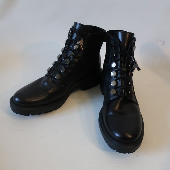 Womens Aquatalia Linda Black Leather Suede Trim Lace-Up Combat Moto Booties 8 - Picture 5 of 16